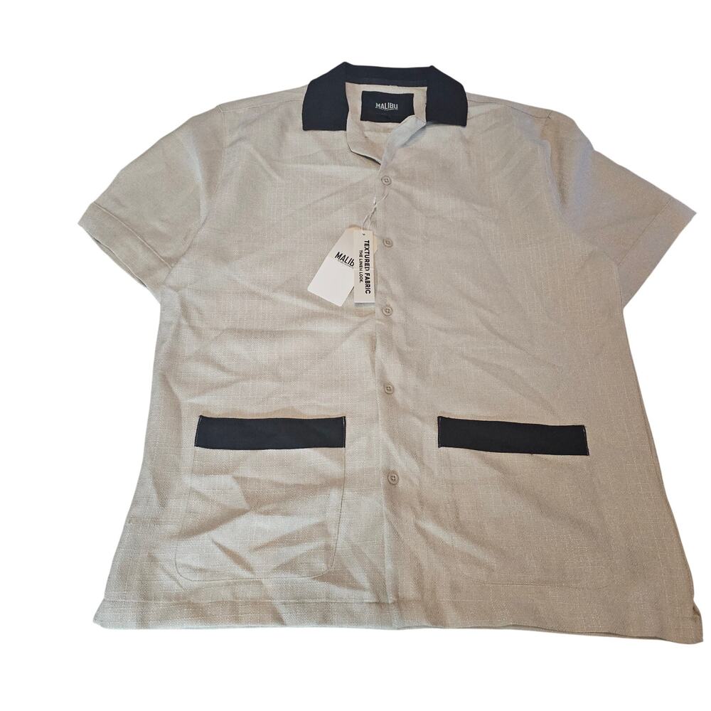 NEW Malibu Drill Company Short Sleeve Beige & Black Button Up Shirt M 3351